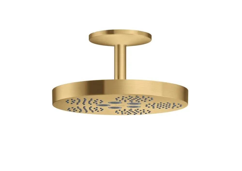 Kreisförmige Deckenbrause in Brushed Gold Optik von AXOR mit strukturiertem Duschkopf, montiert an einem kurzen Ständer.